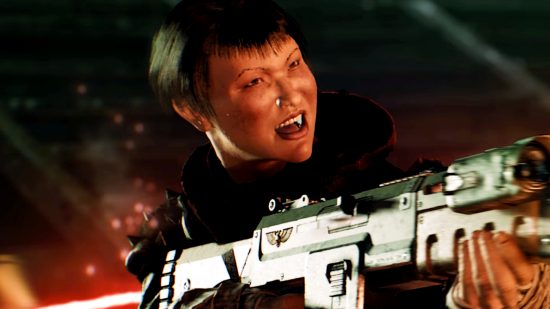 Warhammer 40K: Darktide update 1.08 - a soldier yells as she fires off her rifle
