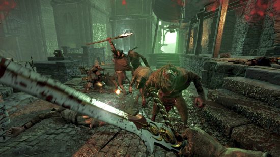 Игри като Left 4 Dead и Payday 2: Човек, който държи меч, се бори с армия от гигантски плъхове, носещи броня