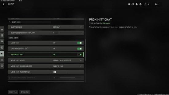 Warzone 2 proximity chat - the settings menu showing the proximity chat setting in the voice chat menu.