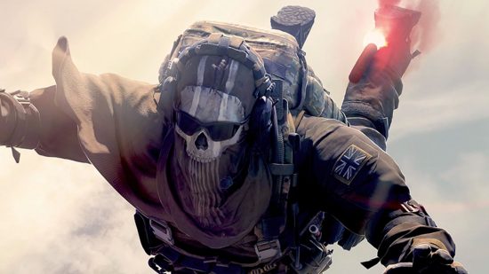 Warzone 2 Strongholds and Black Sites: Ghost, a character featured in Modern Warfare 2, parachuting out of a plane with a flare strapped to his ankle as the player would do in the battle royale Warzone 2.