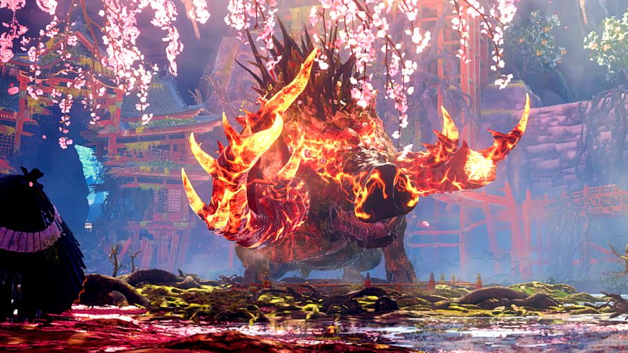 Wild Hearts - a giant boar, its horns ablaze with red-hot magma, stands beneath a cherry blossom tree