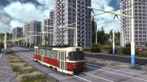 Workers and Resources Soviet Republic update 11: A tram car travels along tracks near tall apartment buildings