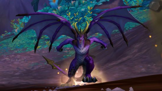 WoW Dragonflight Unbridled Storm Lord isn't spawning, locking heirloom: A purple bipedal dragon looks angry at the camera with dust swirling at its feet