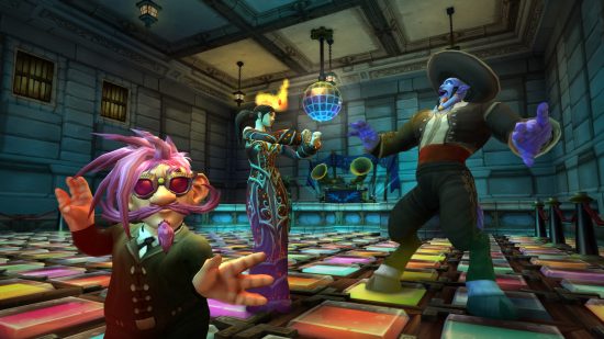 A group of WoW characters dance in a disco, one gnome, one human, and a draenei