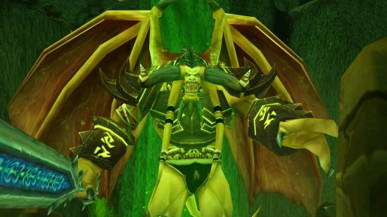 WoW anniversary 2022 adds classic bosses, new weapons: and armour: A giant bat winged creature holding a huge sword roars into the camera bathed in green light