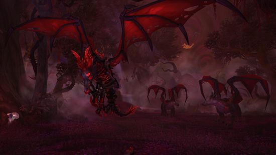 WoW anniversary 2022 adds classic bosses, new weapons and armour: Four black and red dragons fly on a deep red sky