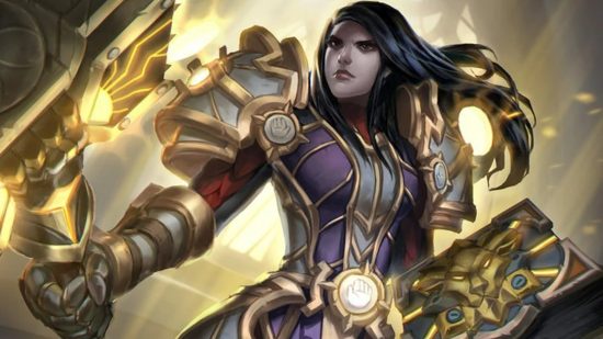 WoW Dragonflight class buffs for Paladin and Arms Warrior: A pale woman with black hair and purple armour with golden inlays holds a huge hammer and a spellbook with a lion on it