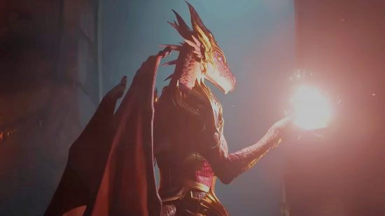 WoW Dragonflight Dracthyr warrior class isn't to be expected: A bipedal dragon wearing a golden helmet casts a glowing red spell in its right hand looking over its shoulder menacingly at the camera