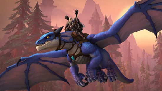 WoW Dragonflight Dragonriding is so good it should be everywhere: A man in armour rides a blue dragon through a mountain range