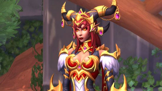 WoW Dragonflight is an "authentic" Warcraft experience, Blizzard says: A white woman with long red hair and black curling horns adorned with golden jewellery looks off to the left wearing red and gold armour with fur-lined shoulders