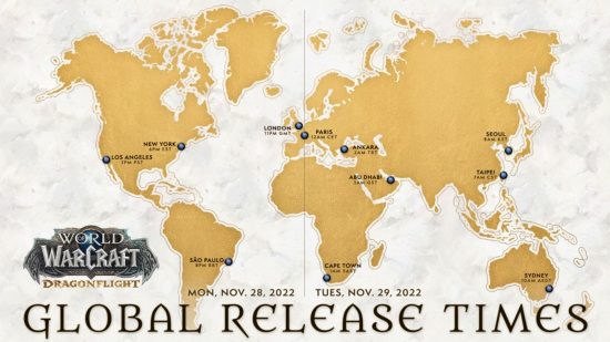 WoW Dragonflight release time: A global map depicting the release time and date for major cities in each region that the expansion is available to play