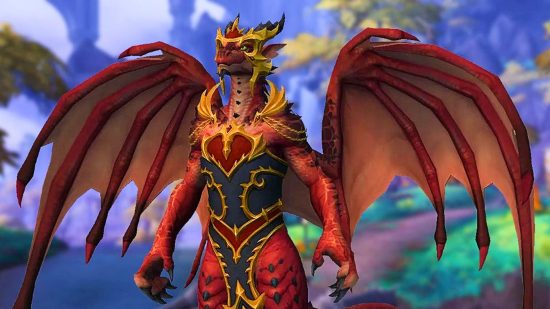 WoW Dragonflight release time: A Dracthyr Evoker with wings outspread and clad in ornate armour, the latest class and race introduced in the WoW Dragonflight expansion, releasing November 28 depending on time zone