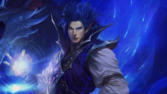 WoW Dragonflight release update delays Mythics to help players: A man with long blue hair stands holding a ball of light in his right hand as he looks into the camera on a blue backdrop