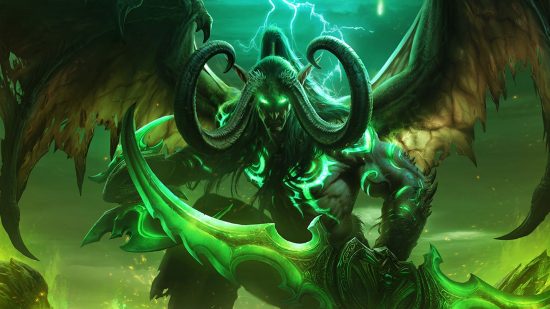 World of Warcraft Dragonflight tier list: Illidan Stormrage, the first of the demon hunters and lord of Outland, wielding the Twin Blades of Azzinoth as lightning strikes overhead.