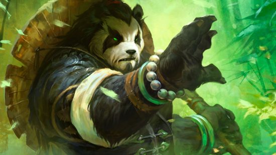 World of Warcraft: A Pandaren Monk poised for battle, his straw hat lashed to his back and a bamboo staff in hand.
