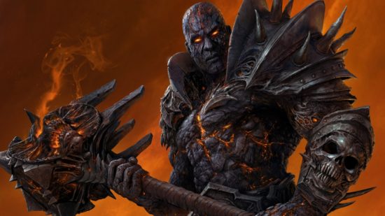WoW Shadowlands Mythic title awarded, unless Blizzard says otherwise: A bald man made of stone with lava looking cracks holds a massive hammer exuding fire