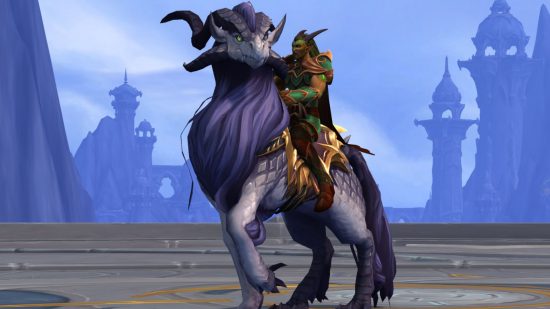 A tanned man with dark hair and golden green armour sits on a dragonlike-hourse with white scales and a purple mane against a sky blue cityscape
