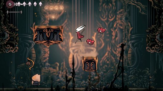 Hollow Knight Silksong: A white insect-like creature jumps from platform to platform in an underground environment