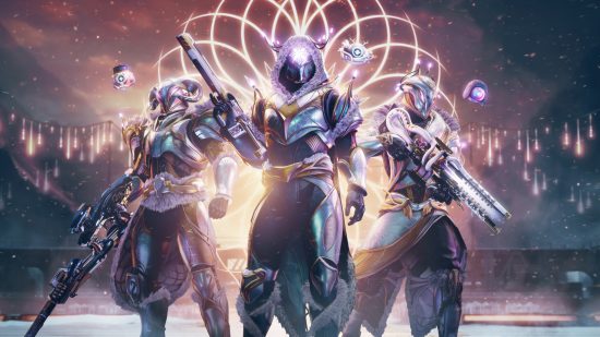 How to solve the Destiny 2 microwave room puzzle: three futuristic soliders stand side by side in front of a christmas themed light show