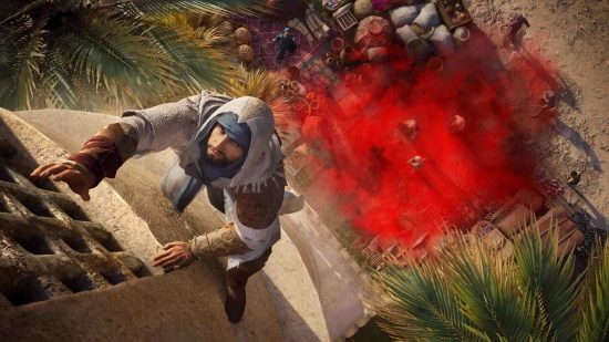 Assassins Creed Mirage: seorang pria berpakaian putih menaiki tangga, melarikan diri dari kabut merah di bawah