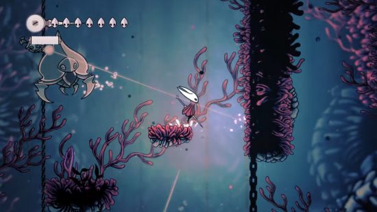 Hollow Knight Silksong: a white insect-like creature stands on a platform in a dark blue environment