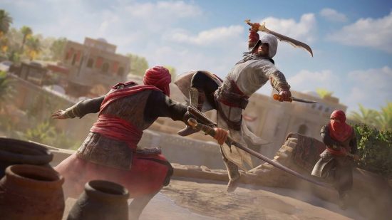 Assassins Creed Mirage: Seorang Pria di Surban Weilding A Sabre melompat ke musuhnya