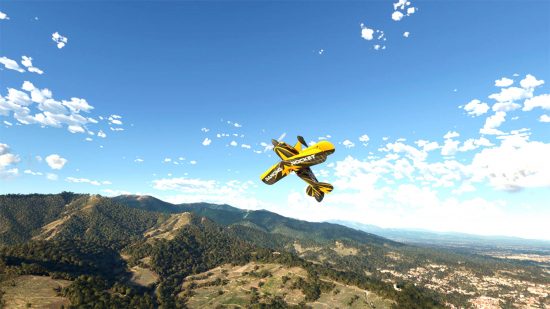 Best VR games - a small yellow airplane doing a somersault above some tree-covered hills in Microsoft Flight Simulator.