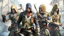 The group of assassin's stand next to each other in Assassin's Creed Unity