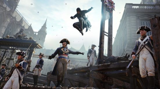 Assassin's Creed Unity protagonist is mid-air, pouncing on unsuspecting military guards from behind