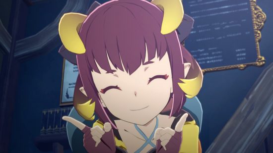Kék protokoll megjelenési dátuma: Lila hajú anime karakter mosolyog