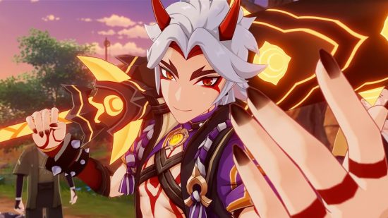 Genshin Impact 3.4 leaks reveal Onikabuto fighting event and new boss: anime boy with white hair and red horns holding a weapon