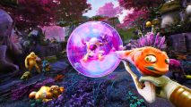 High on Life secret ending - an enemy with a single eye is levitating inside a bubble. Other enemies look on with panic as the player holds an orange gun with a face.