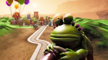 High on Life review: the protagonist holds a gun-shaped frog with a city in the distance