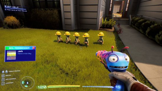 High on Life review: tiny workers in hard hats march away from the player