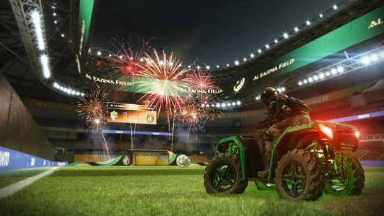 Warzone 2 mùa 1 đã tải lại: Một người đàn ông trên một chiếc ATV trong sân vận động bóng đá với pháo hoa ở phía sau