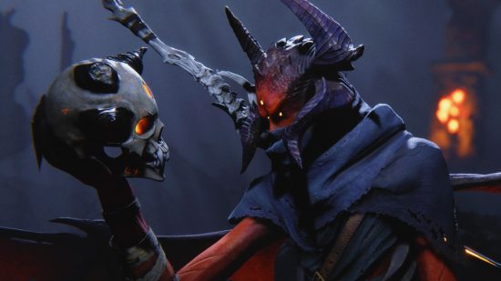 Red Judge Incaustis holds a skull in a Hamlet-like way in Metal: Hellsinger