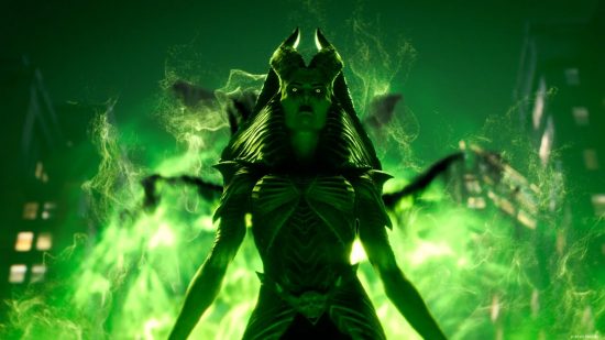 A demon woman with curled horns looks down at the camera surrounded in green and black mist