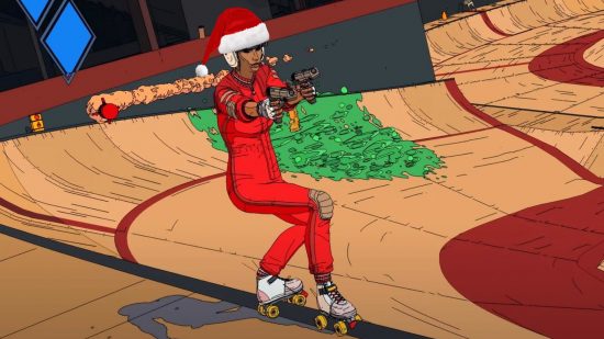 Rollerdrome skater wears a Christmas hat while carrying weapons