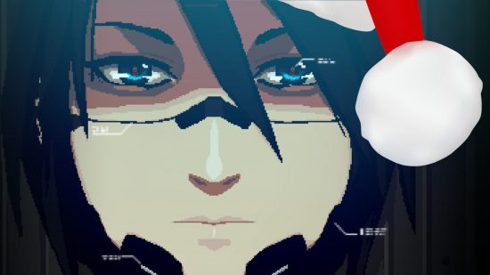 Elster stares through her glasses at the player, wearing a Christmas hat