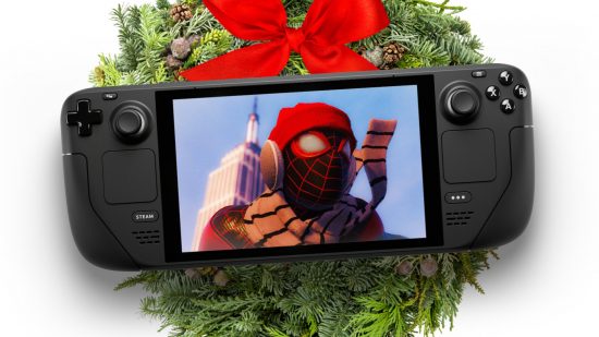 Marvel's Spider-Man Miles Morales has the character looking to the right on a Steam Deck screen, in front of a Christmas wreath