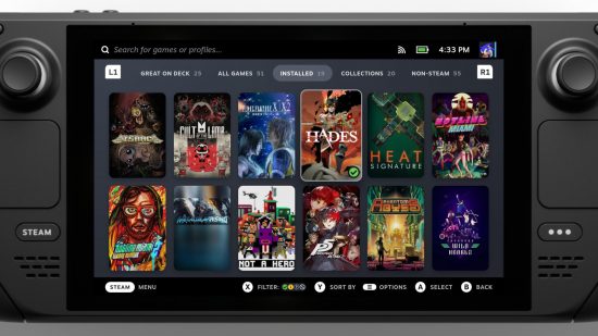 A Steam Deck screen with the games library open in handheld mode
