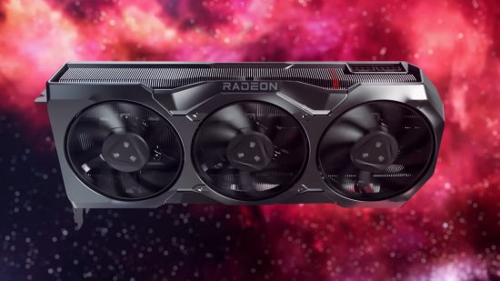 AMD Radeon RX 7900 XTX graphics card floats against a nebulous background of space dust