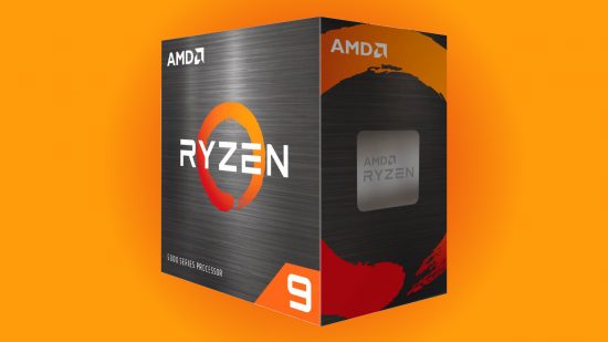 AMD Ryzen 9 5950X processor retail box against a red-orange background