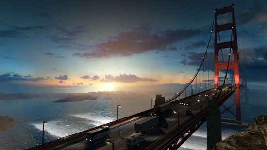 أفضل ألعاب الشاحنات: الشاحنات تقود فوق جسر Golden Gate عند غروب الشمس