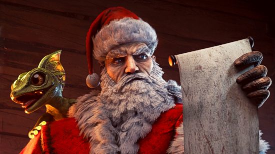 Ark: Survival Evolved update - Santa glares at a parchment, a small dino climbing on his shoulder