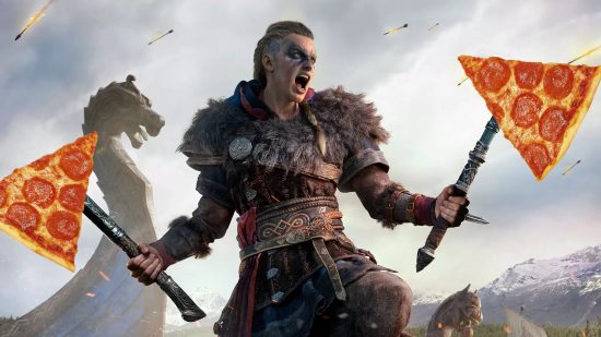 A Viking warrior woman stands screaming as arrows reign down on her holding two massive axes with pizzas as the blades