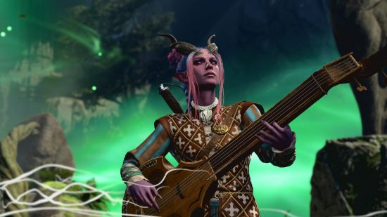 Baldur's Gate 3 Hotfix: A tiefling bard plays a lute-like instrument as a green haze gathers behind her
