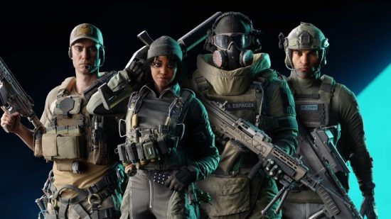 Battlefield 2042 roadmap update: Battlefield 2042's four recon specialists pose against a black and glowing cyan in a piece of key art
