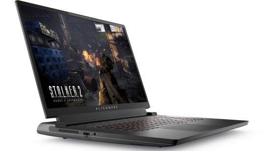 Laptop gaming AMD terbaik, Alienware m17, dengan latar belakang putih dengan Stalker 2: Heart of Chernobyl di layar