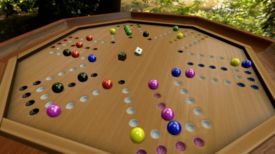 Best VR games - a board game with many pebbles in holes and dice in Tabletop Simulator.